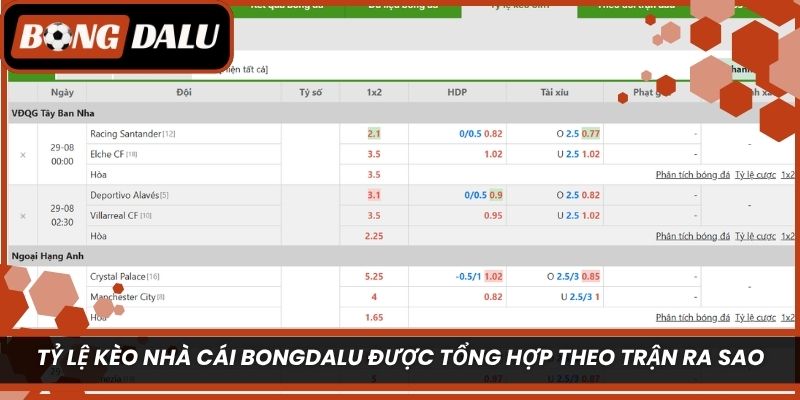 Tỷ lệ kèo nhà cái Bongdalu được tổng hợp theo trận ra sao?
